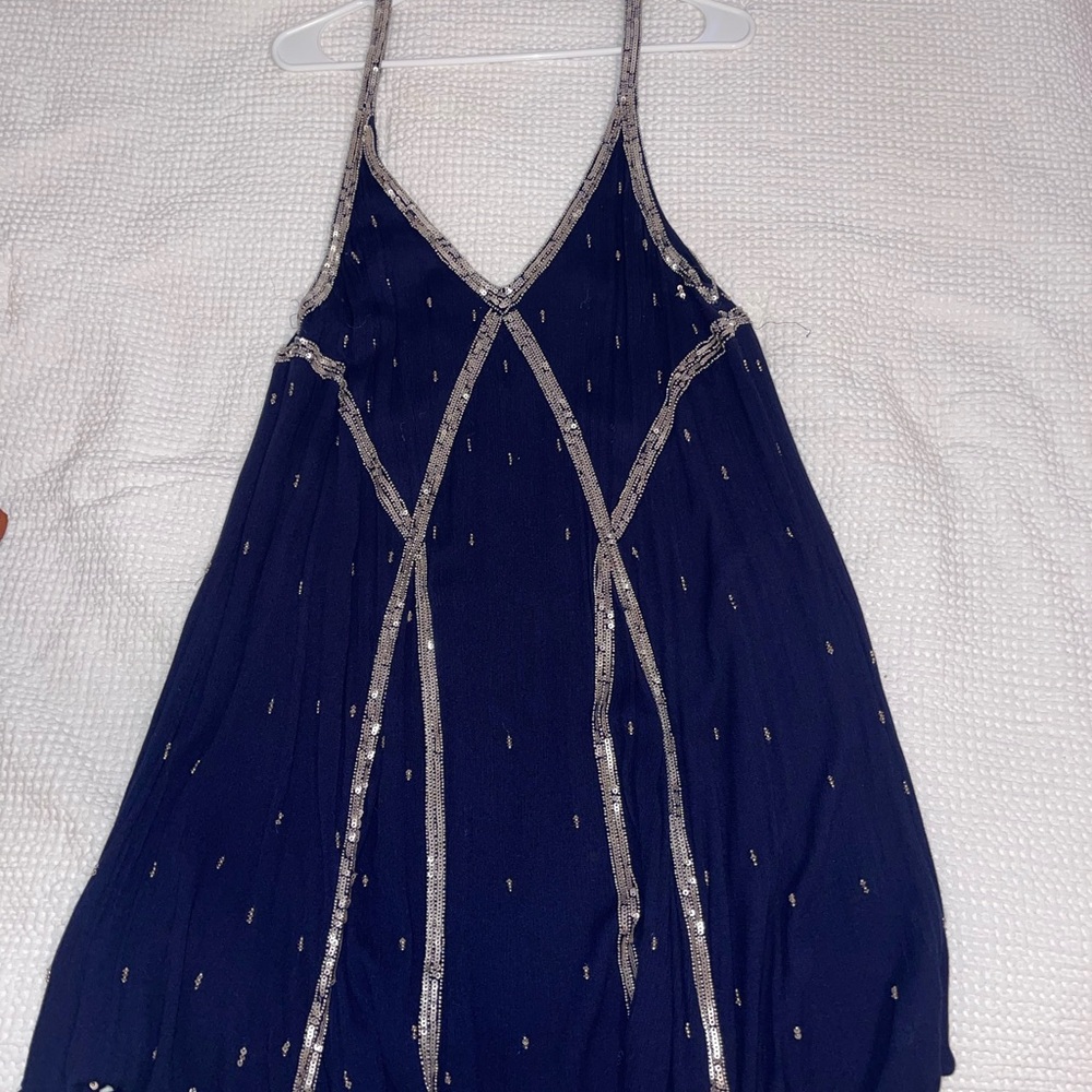 Navy Blue Halter Dress with Silver Accents